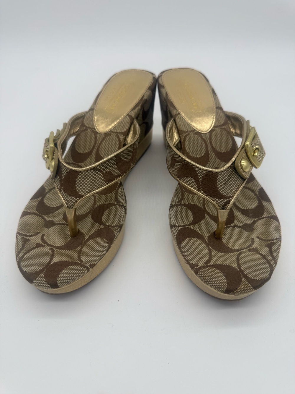 Coach Gold Brown Signature Wedge Thong Sandals New NIB